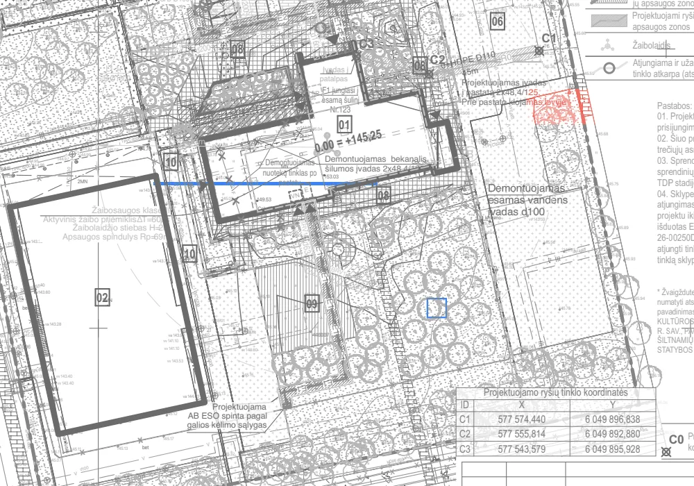 Revision compare in Ncored showing a new wall and door in blue and a removed area in red on a site plan