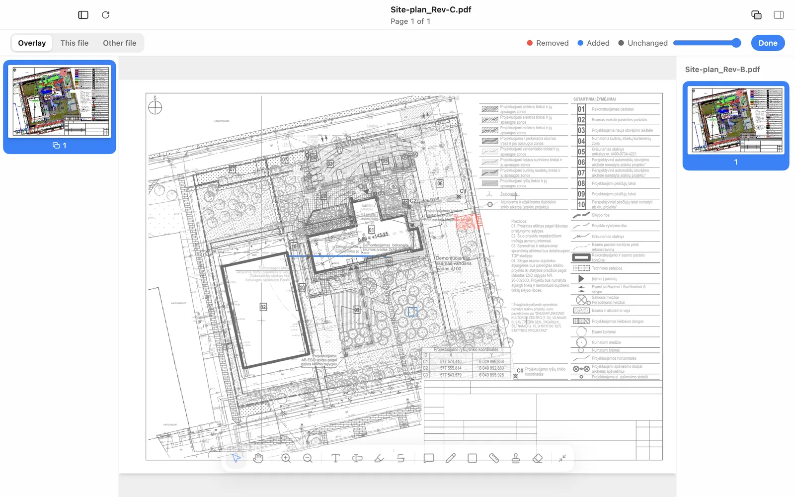 Ncored showing two revisions of a site plan as an overlay, with a legend for removed, added and unchanged