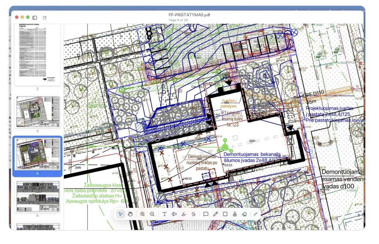 Ncored open with a real 29-page construction drawing — page navigation, vector layers, and markup toolbar visible
