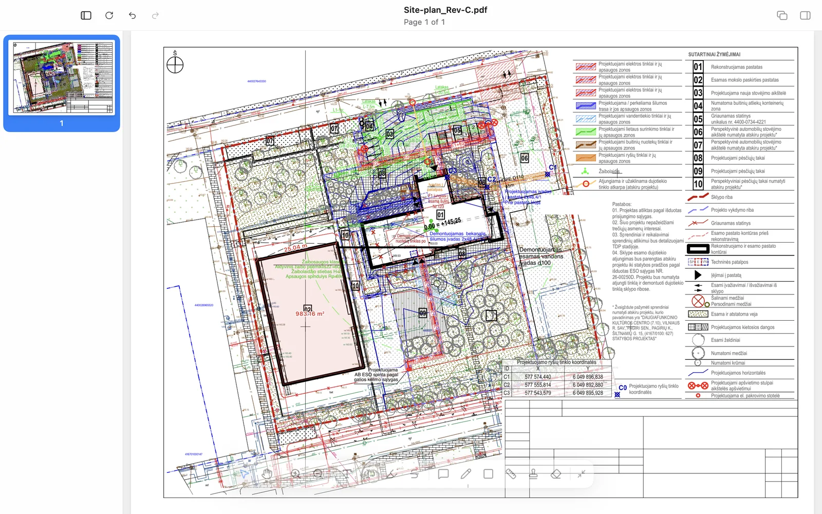 The Ncored window with a site plan open and a length and area measurement on the sheet